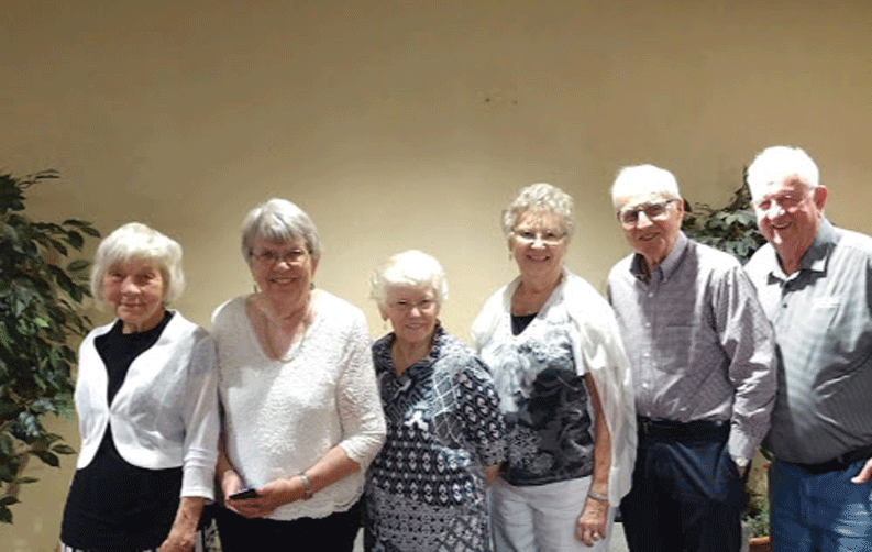 Pictured here are Trudy Forsberg, Jane Greer, Janice Bly Corrick, La Vonne Devin Riebe, Richard Aughdahl, and Jim Kennedy. They represent seven of the remaining thirteen students from graduating class from 1953.